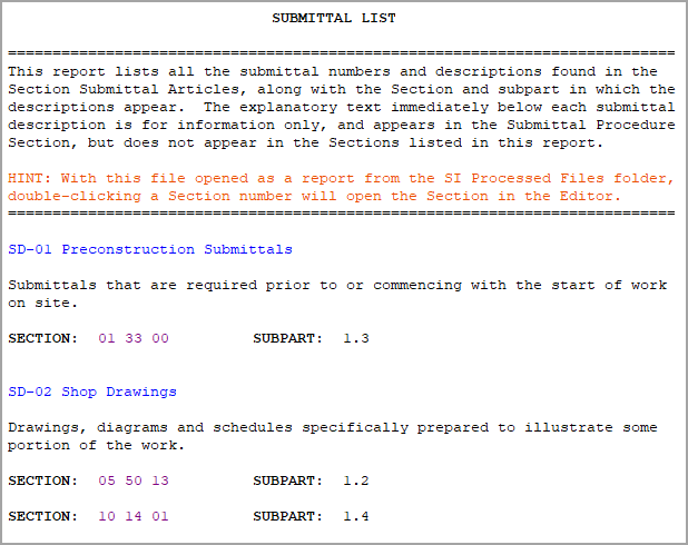 Illustration Example of SI Explorer's Submittal List
