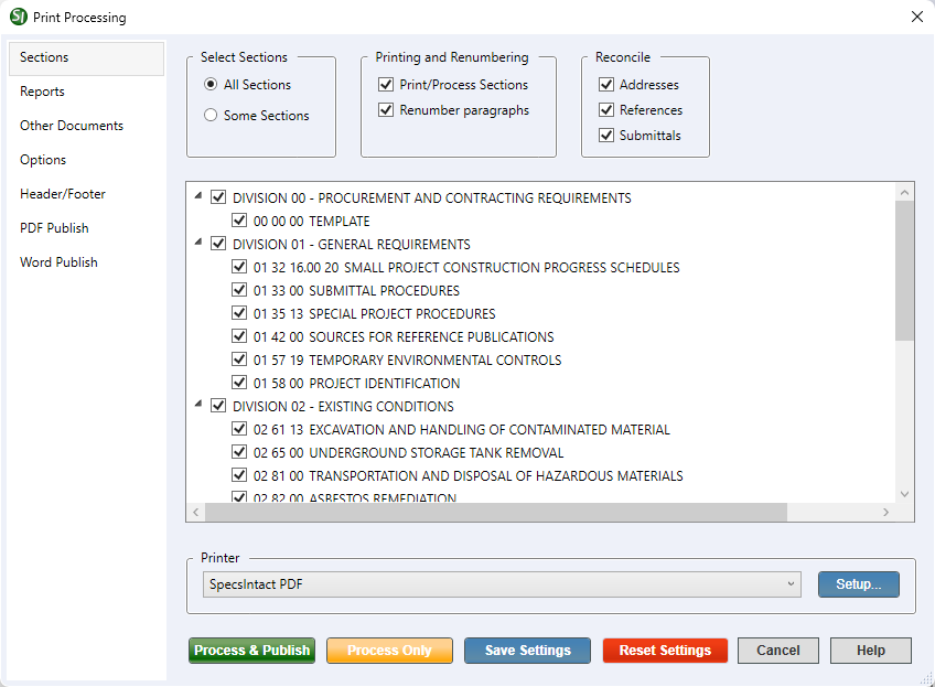 SI Explorer File Menu - Process & Print/Publish: Sections