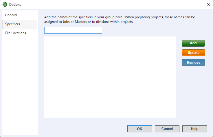 Illustration of the SI Explorer Setup Menu - Options: Specifiers Tab