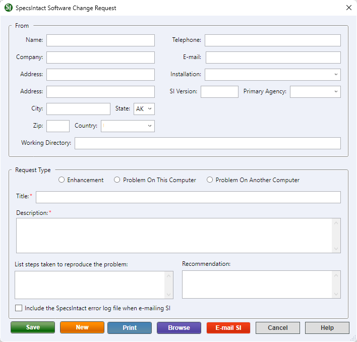 SI Explorer's Tools Menu - Software Change Request: Create/Edit form Illustration SI Explorer's Tools Menu - Software Change Request: Create/Edit form